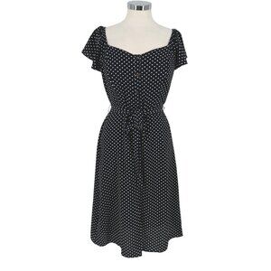 Monteau Polka Dot Flutter Sleeve Midi Dress Navy Blue White Size Large